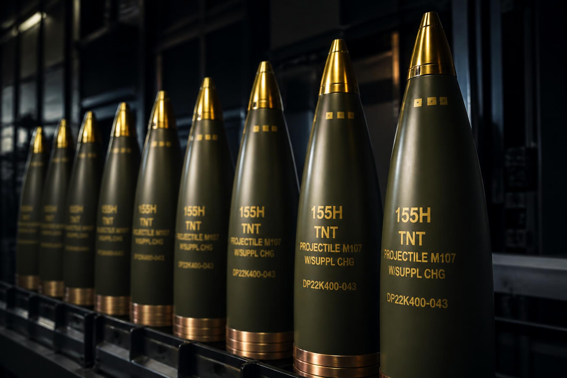 155mm M107 artillery shells lined in a production facility